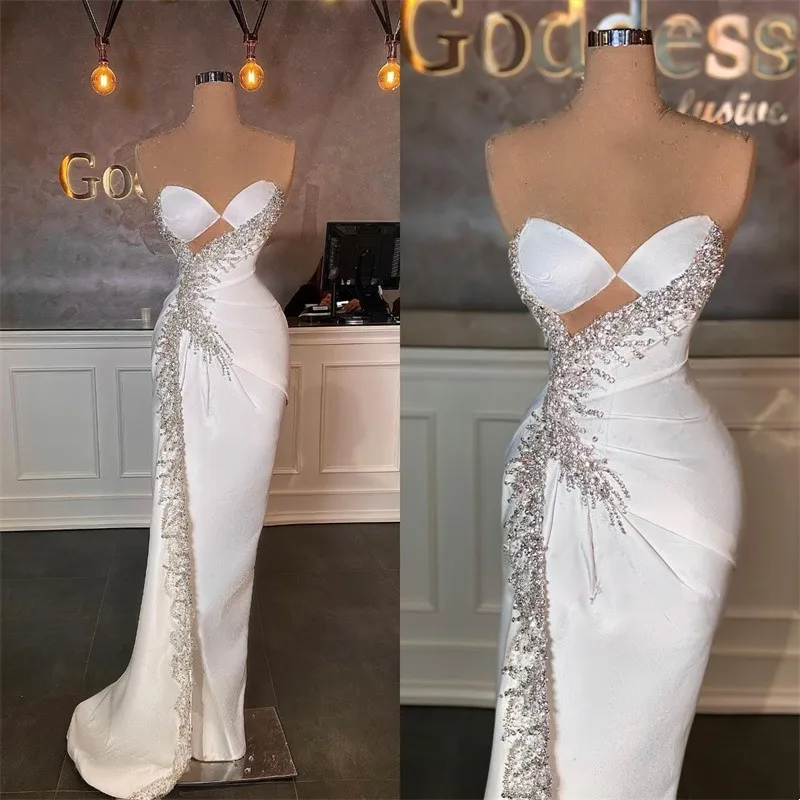 Luxury Crystals Mermaid Satin Bridal Gowns Sweetheart Sleeveless Hollow Side Split Sexy Wedding Dress Lace Up Back Custom Made