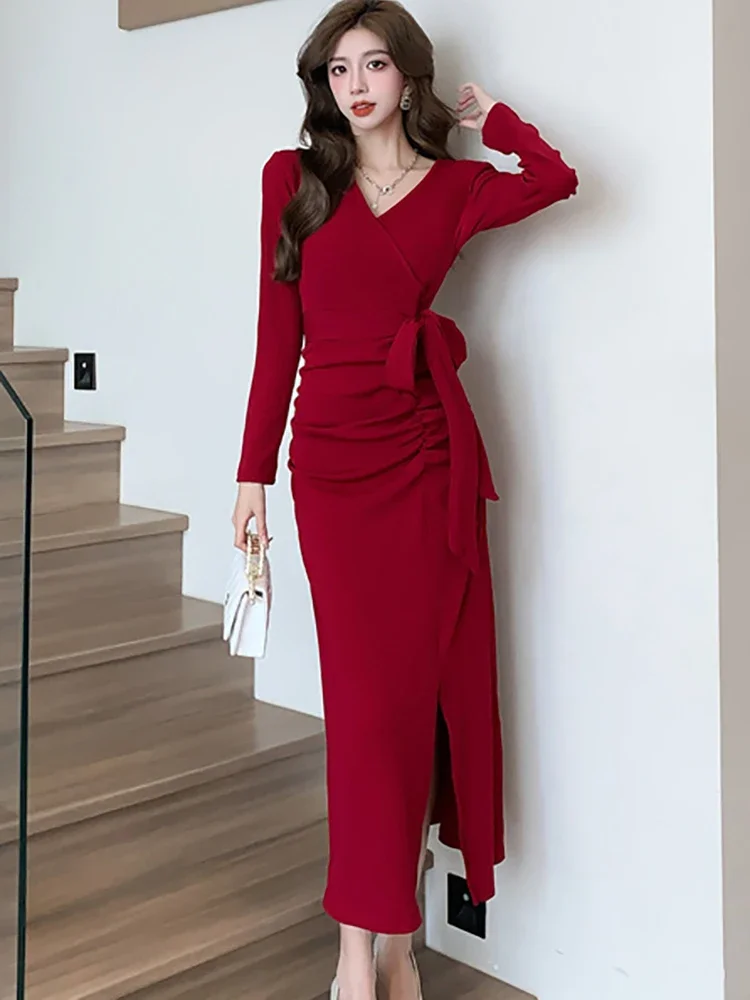 

Elegant Red Long Sleeve Chic Bow Bandage Dress for Ladies Autumn Winter Bodycon Luxury Long Dress 2024 Korean Vintage Prom Dress