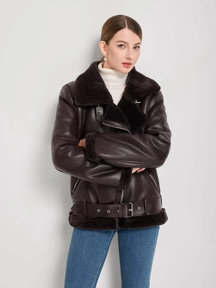 2025 Winter Women Faux Fur Leather Jacket Casual Thick Warm Jackets High Street Motorcycle Coat Long Sleeve Belt New Outerwears