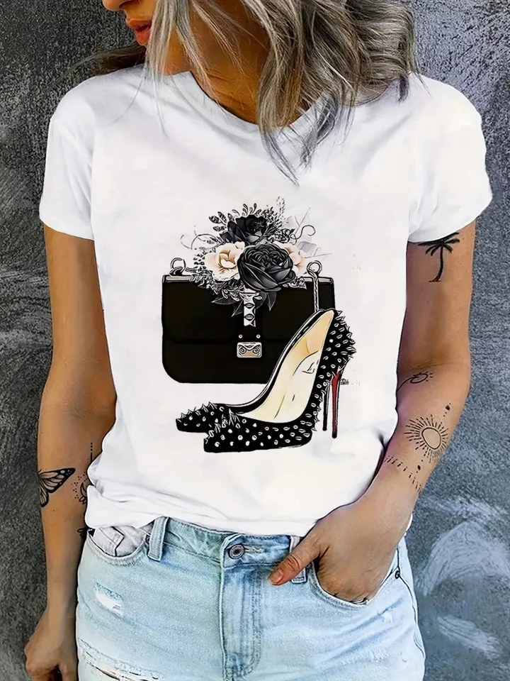 Casual Cotton Short Sleeved High Heels T-Shirt