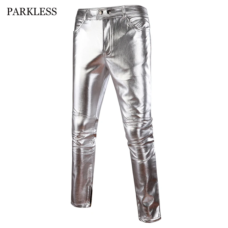 Motorcycle PU Leather Pants Mens Skinny Shiny Gold Silver Black Trousers Nightclub Stage for Singers Dancers Men Trousers Leather Pants Skinny Pants