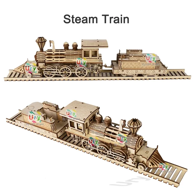Ury 3D Wooden Puzzle Retro Steam Train with Track Railway Bridge Handmade Assembly Truck Model DIY Toys Decoration Gift for Kids 3