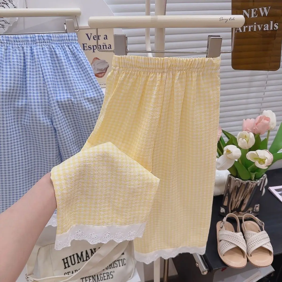 Karierte Hose mit weitem Bein für Mädchen, 2025, koreanische Sommerversion, Spitzenbesatz, trendige, sommerliche, mückensichere Hose – Detail 10