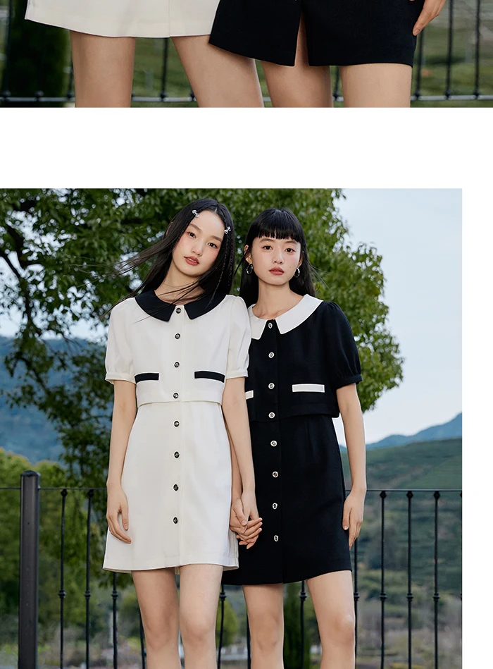 Dress Women Contrast Texture Fake Two Pieces Summer New Bubble Sleeve Breasted Short Dress Elegant Small Fragrance