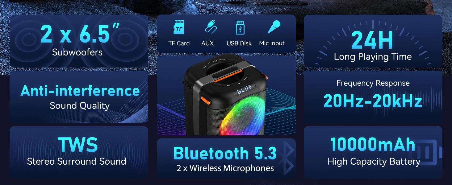 Karaoke-Maschine mit 2 kabellosen Mikrofonen, tragbarer Bluetooth 5.3-Karaoke-Lautsprecher für Zuhause, Party im Freien, PA-System für Erwachsene – Detail 2