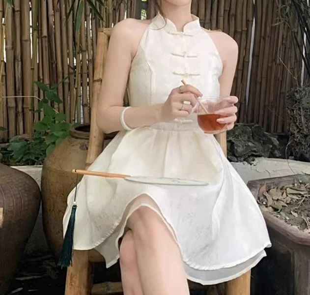 

Girls White Dress 2024 Summer New Off Shoulder A Line Women's Dress Sleeveless Holiday Vacation Simple Casual Mini Dressess