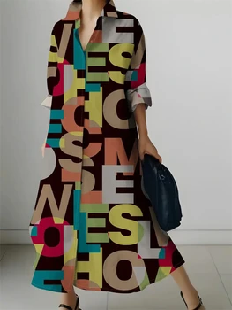 Abiti longuette vintage da donna Abiti da donna autunnali Scollo a V Manica lunga Lettera stampata Abiti camicia Abiti lunghi per la famiglia per le donne 1