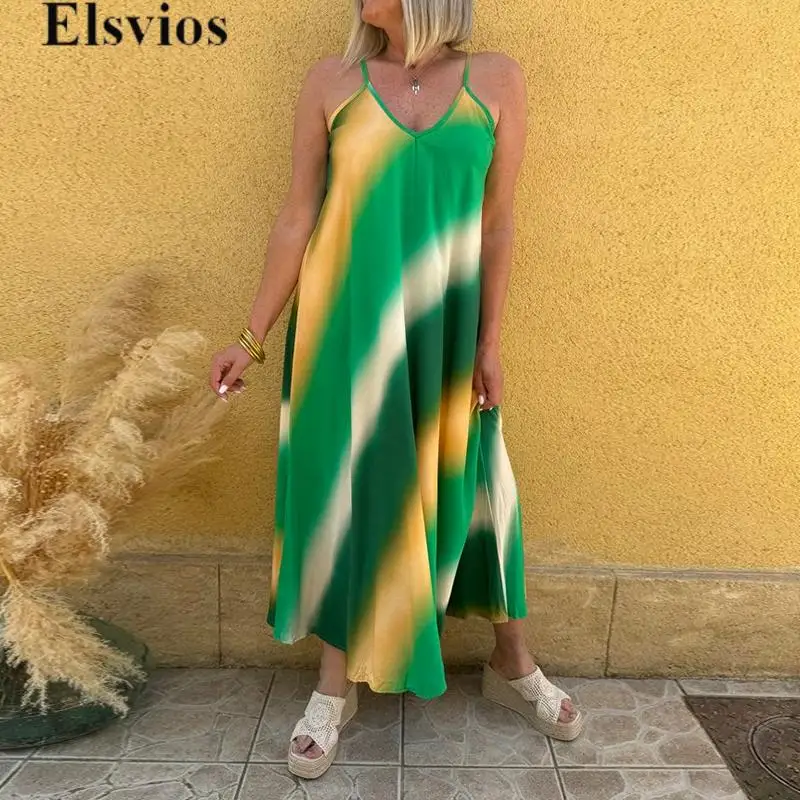 

Gradient V-neck Long Dress Casual Double V Sleeveless Pullover Bohe Dress Women 2024 Elegant Adjustable Strap Loose Party Dress