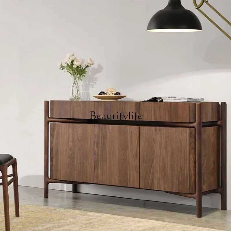 

Black Walnut Wood Sideboard Cabinet Living Room Solid Wood Modern Minimalist Tea Cabinet against the Wall