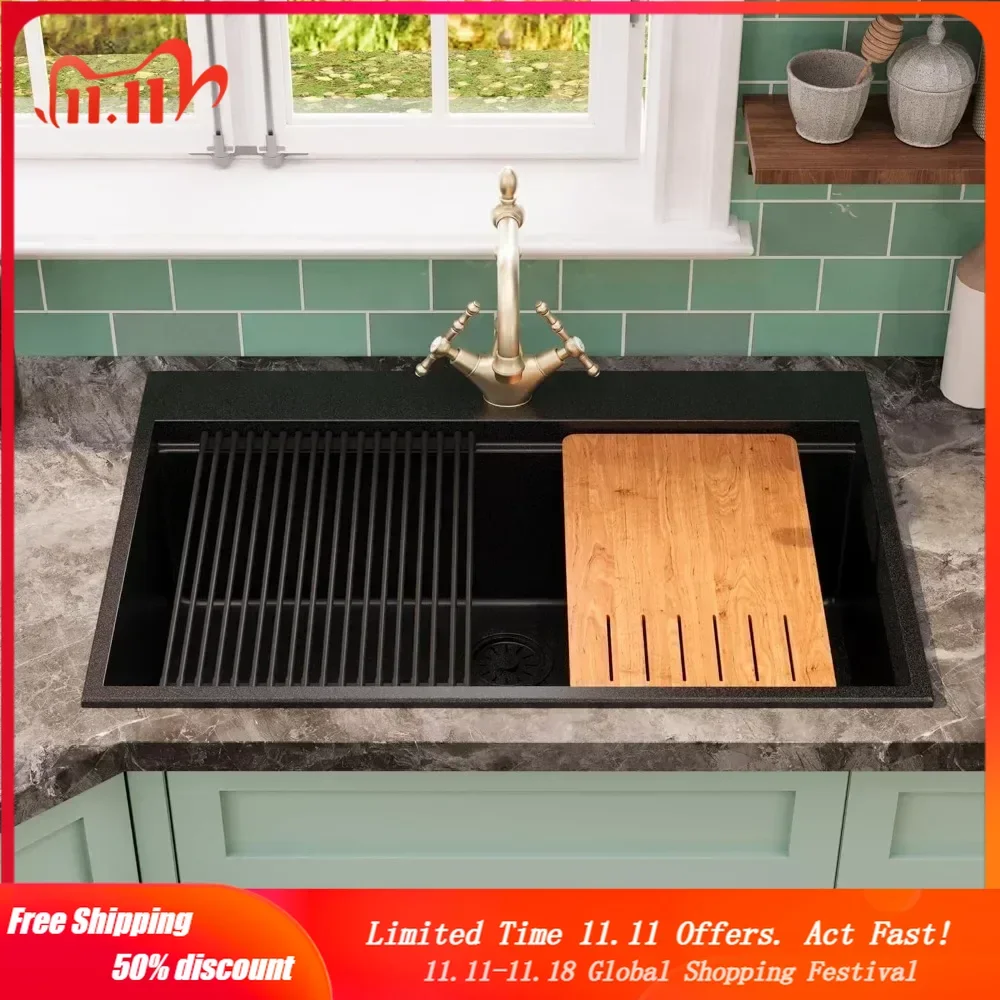 Granite Composite Drop In Kitchen Sink Large Top Mount Single Bowl Sink with Integrated Ledge