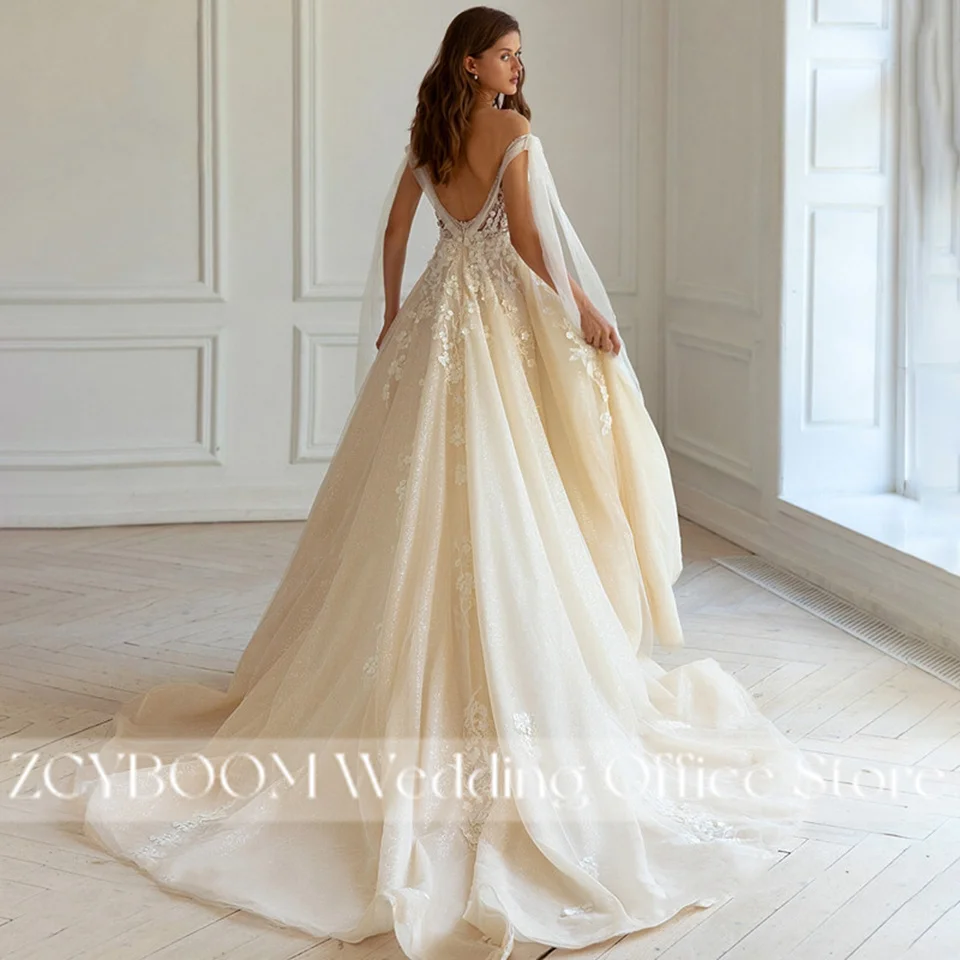 Elegante Champagnerfarbene Ärmellose A-Linien Brautkleider 2026 Prinzessin-Spitzenapplikationen Rückenfreie Brautkleider Vestidos De Novia – Detail 4