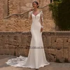 ADLN Mermaid Wedding Dresses 2025 Deep V Neck Long Sleeves Applique Illusion Back Buttons Court Train Jersey Bridal Gown 1