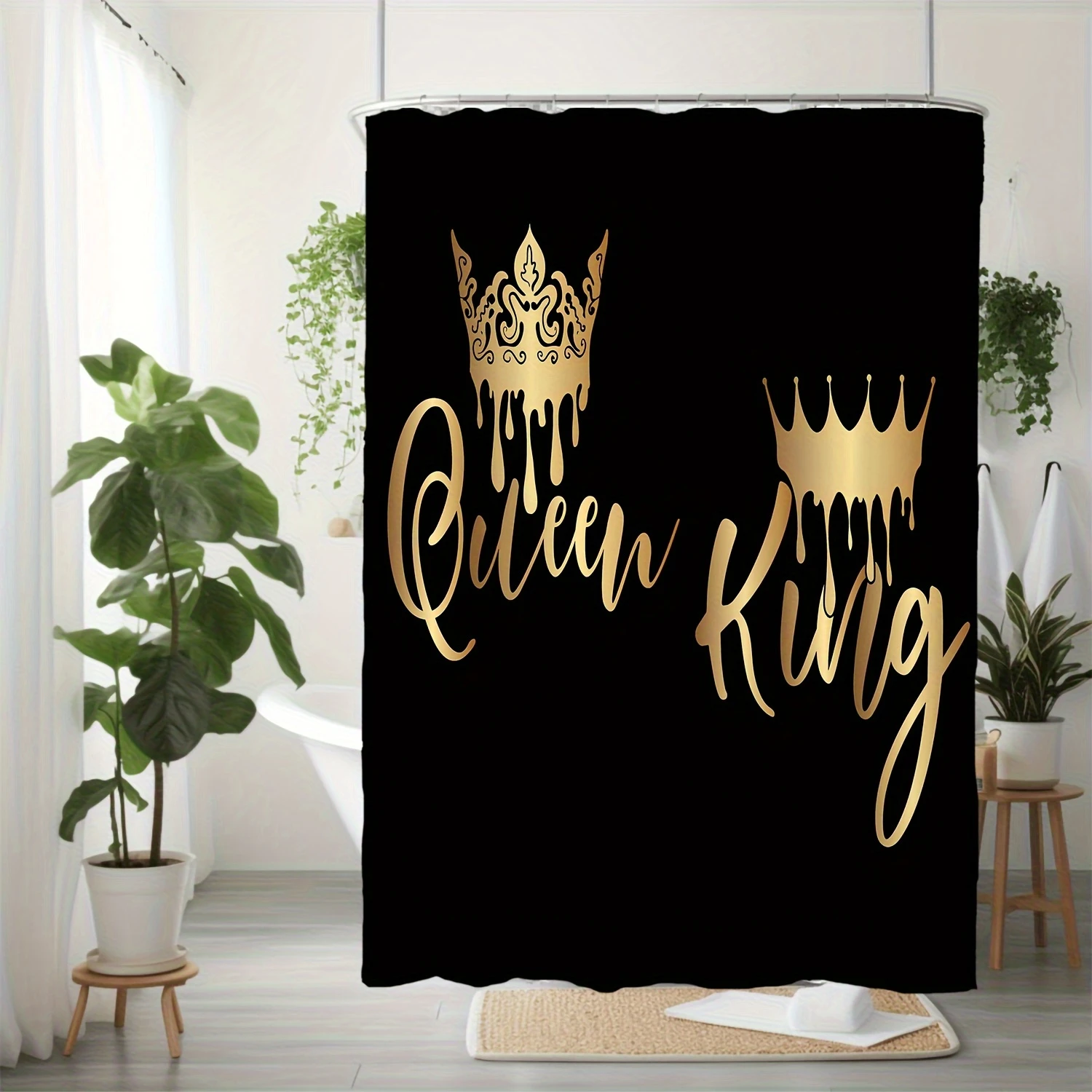 Crown Letter Pattern Shower Curtain Set, Waterproof Bath Curtain With , U-shaped Mat, Toilet Cover Mat, L-shaped Bathroom A
