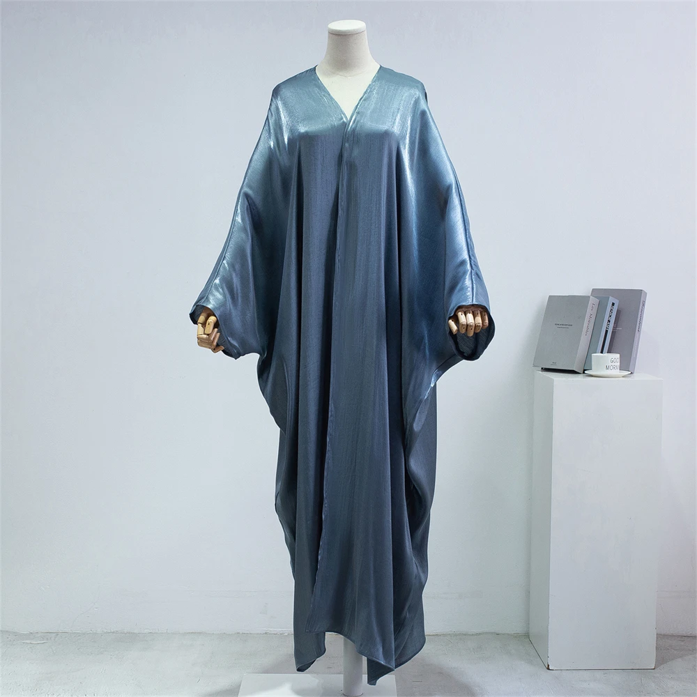 Eid Ramadan Abaya Shiny Satin Muslim Women Beads Bat Sleeve Open Cardigan Kimono Dresses Turkey Dubai Kaftan Arab Robe Jalabiya