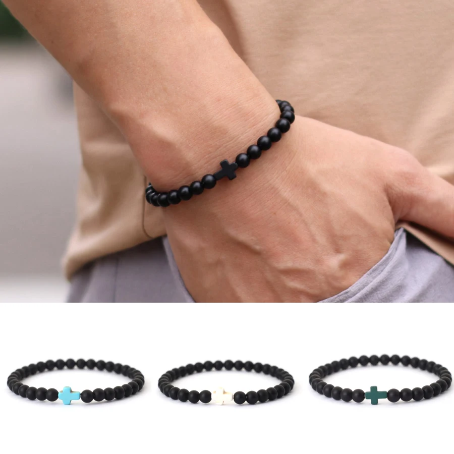 Minimalistisches Kreuzarmband für Männer, handgefertigt, 6 mm Onyx-Perlen, Meditation, Yoga, Heilung, Armband, Pulsera Homme Accesorios Hombre Joias