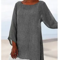 Hot Blouse Women Solid Color Cotton Linen O-Neck Long Sleeve Irregular Tunic Top Spring Summer Oversized Shirts - Image 3