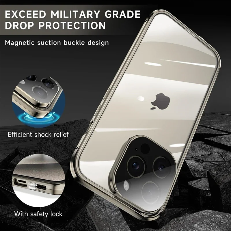 Magnetic Double-Sided Tempered Glass Full Body Case with Lens Protection and Metal Bumper Cover