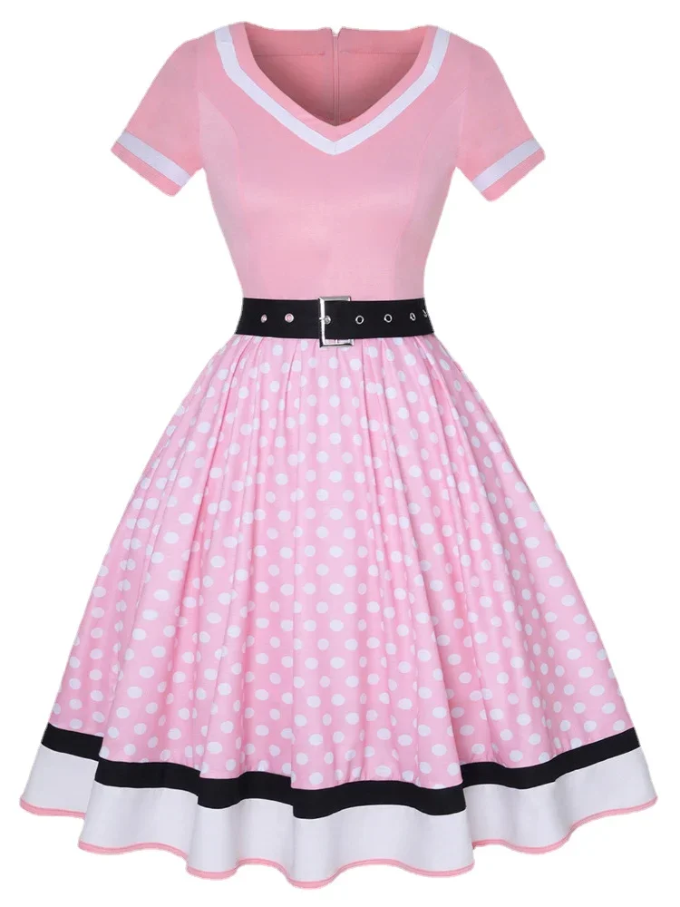 Retro Vintage Rockabilly Jurk Vd2840 Korte Mouw Geel Stippen Een Lijn Swing Vrou