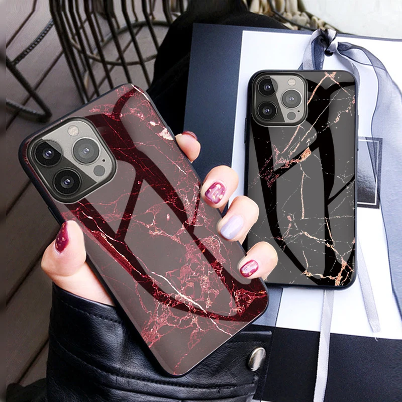 Fashion Marble Tempered Glass Case For iPhone 13 12 11 14 Pro XSMax XR 8 7 6 Plus SE2020 Silicone_voghion.com