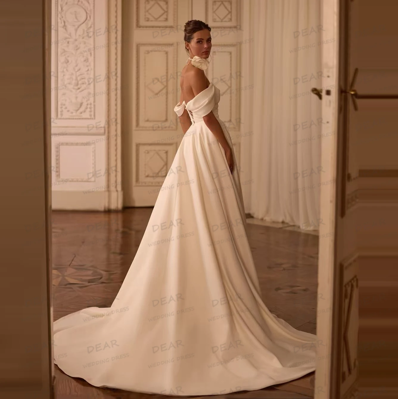 Simple Wedding Dresses Women's Sexy A Line Flowers Elegant Sleeveless Bridal Gowns Backless Satin Vestidos De Novia Customized 3