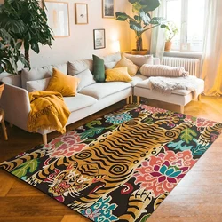Bohemian Tibetan Tiger and Floral Area Rug Vintage Animal Area Rug Colorful Moroccan Carpet for Living Room Anti-slip Floor Mat