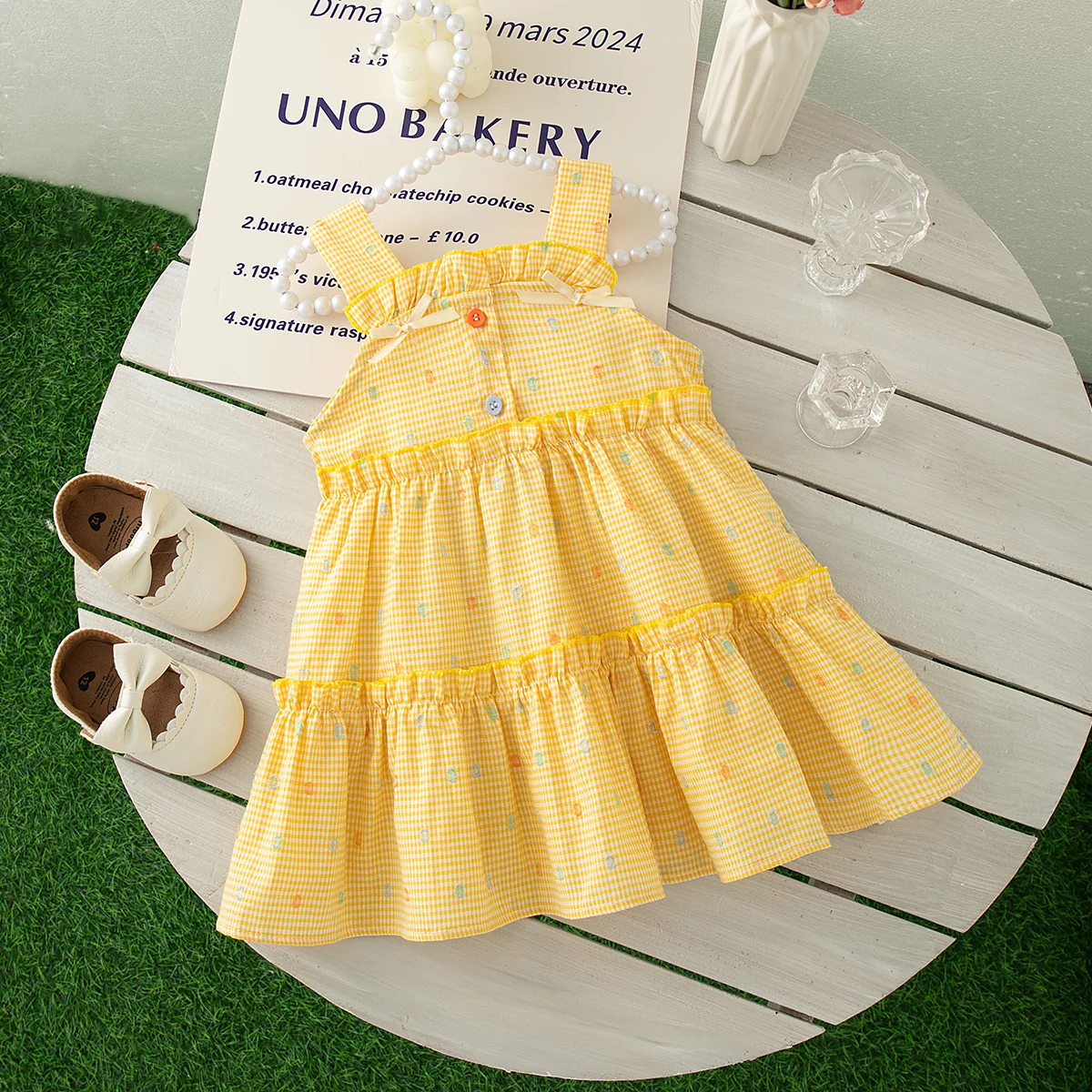 Baby-Sommerkleid mit Karomuster und Schleifenriemen, Niedliches Strand-Prinzessinnenkleid für Mädchen, Babykleidung – Detail 2