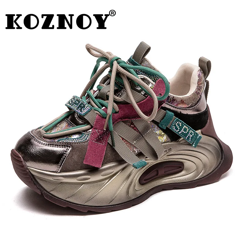 

Koznoy 6Cm Women Spring Boots Rhinestones Synthetic Genuine Leather Autumn Vulcanize Platform Wedge Bling Chunky Sneakers Shoes