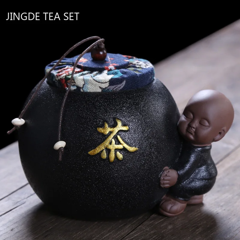 

Creative Black Pottery Tea Cans Large Ceramic Sealed Tea Caddy Waking Tea Jar Kitchen Spice Sealed Storage Cans Home Accessories
