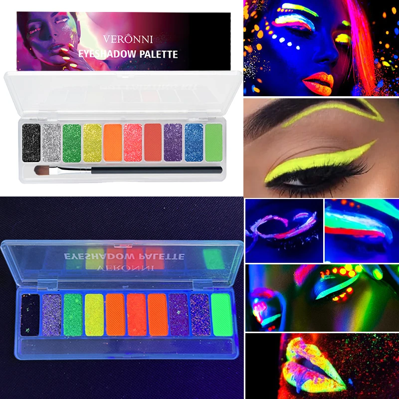 Blacklight UV Glow in Dark Fluorescent Eyeshadow Palette Stage Clubbing Neon Makeup Palette 10Colors Pigment Luminous Eye Shadow