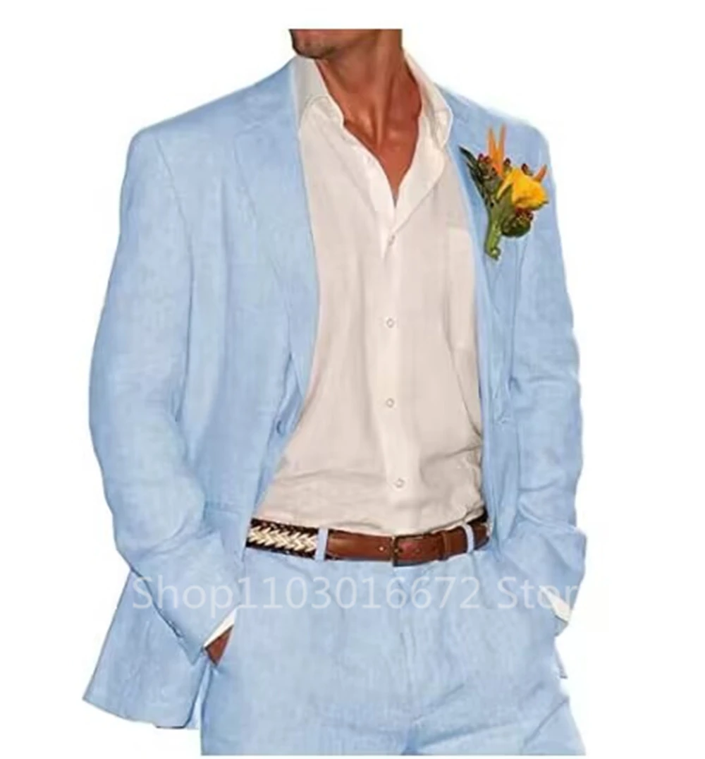 Costume 2 Pièces en Lin Bleu Clair et Beige pour Homme