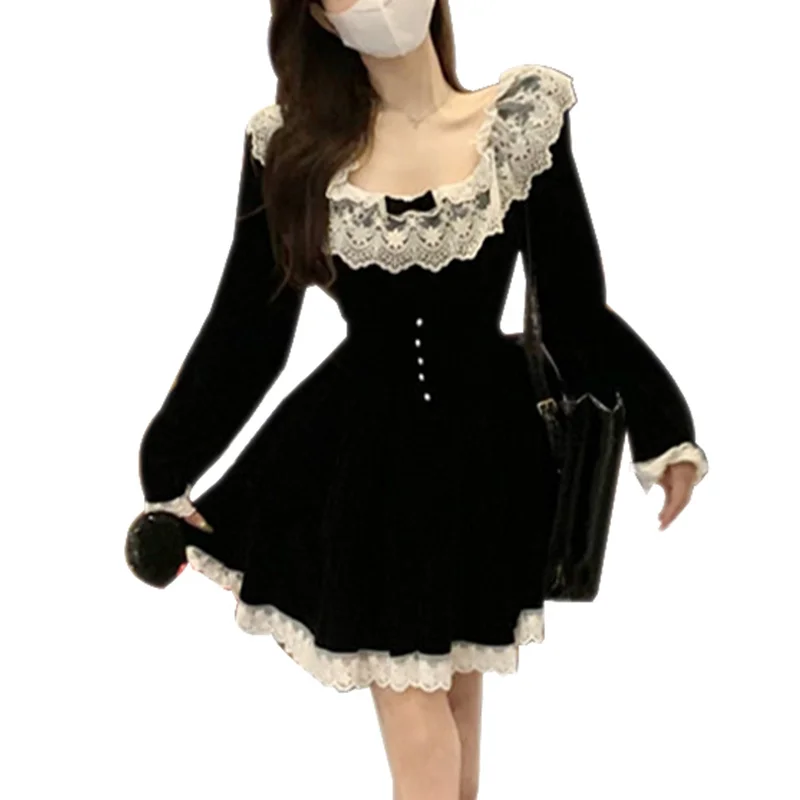 Vestido Y2K para mujer, ropa estética, con encaje, escote redondo, manga larga, corte A, minivestido de terciopelo, vestidos de fiesta, ropa de calle
