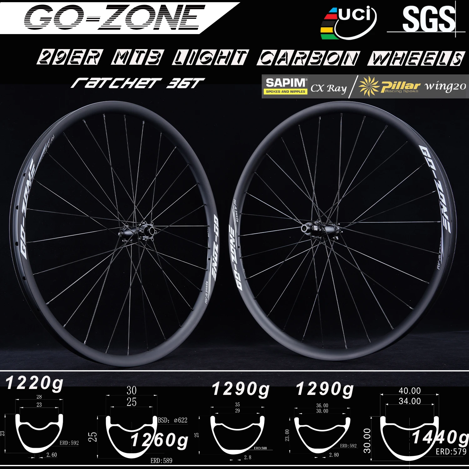 Light 1220g 29er MTB Carbon Wheels Sapim CX Ray Pillar Wing20