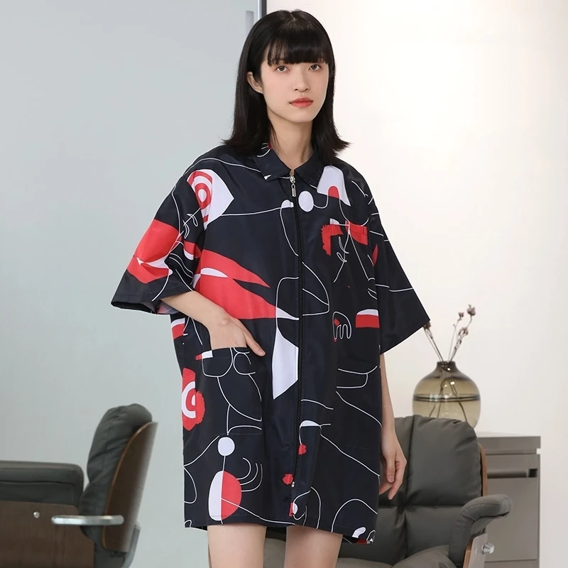Salon Printed Uniform Graffiti Pattern Barber Shop Waterproof Work Clothes Anti Hair Anti Static Smock Hairstylist Haircut Gown 5