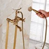 Bathroom Bathtub Faucets Floor Stand Telephone Shower Faucets Double Hands Brass Antique Bronze Bathroom Shower Faucet Set 4