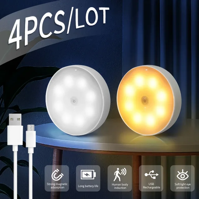 1/2/4 pièces détecteur de mouvement Rechargeable LED veilleuse décoration murale chambre lampe de nuit armoires de cuisine lumières enfant veilleuse 1