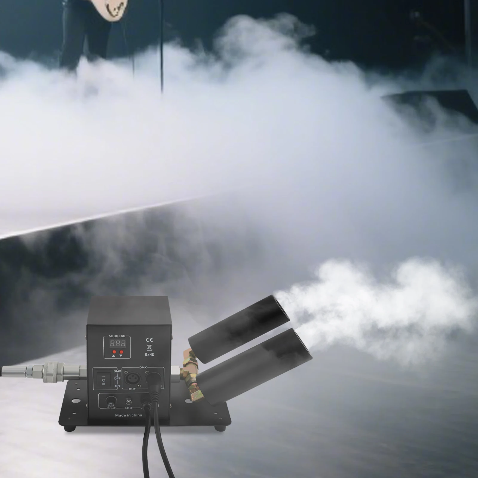Dual-Nozzle Design 150W CO2 Jet Fog Machine with a 19.69-26.25ft Jetting Distance, Atmosphere Creator for Concerts/Bars/Venues