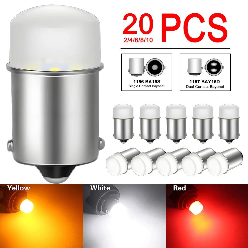 LED Bulb for Turn Signal, Brake, and Reverse Lights - 800LM, 6500K, White/Red/Yellow (2-20 PCS)