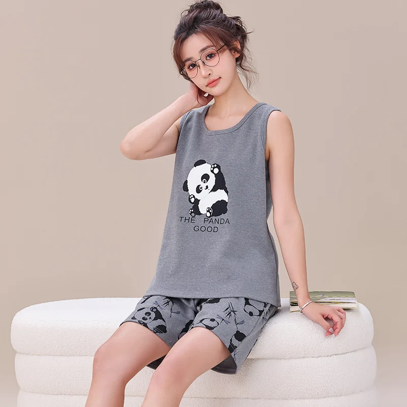 Summer Vest Pajamas For Young Girls Sleepwear Cartoon Print Shorts Set Sleeveless Night Wear Big Yards M-XXXL Female Sleep Wear - 3