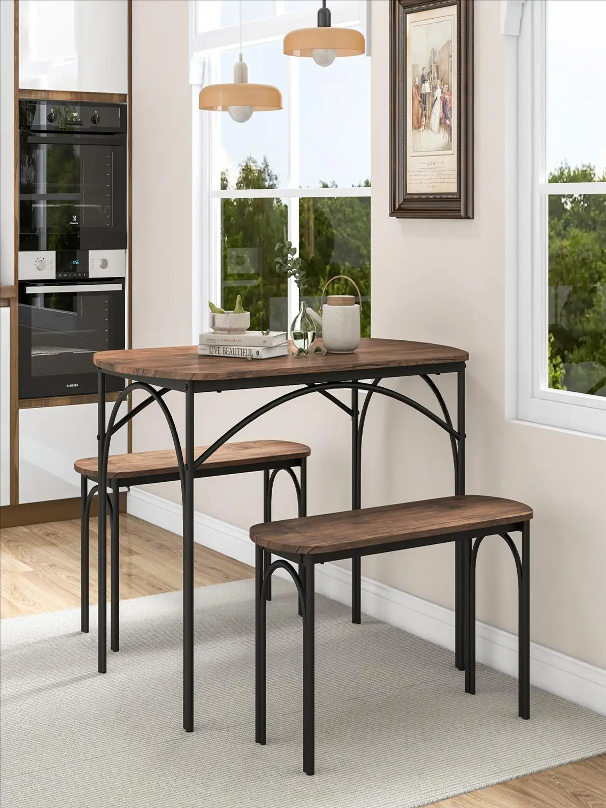 Esszimmer-Set, 3-teiliger Küchentisch mit 2 Bänken, Essgruppe für 4 Personen, Industrieller Esstisch, Metallrahmen – Detail 1