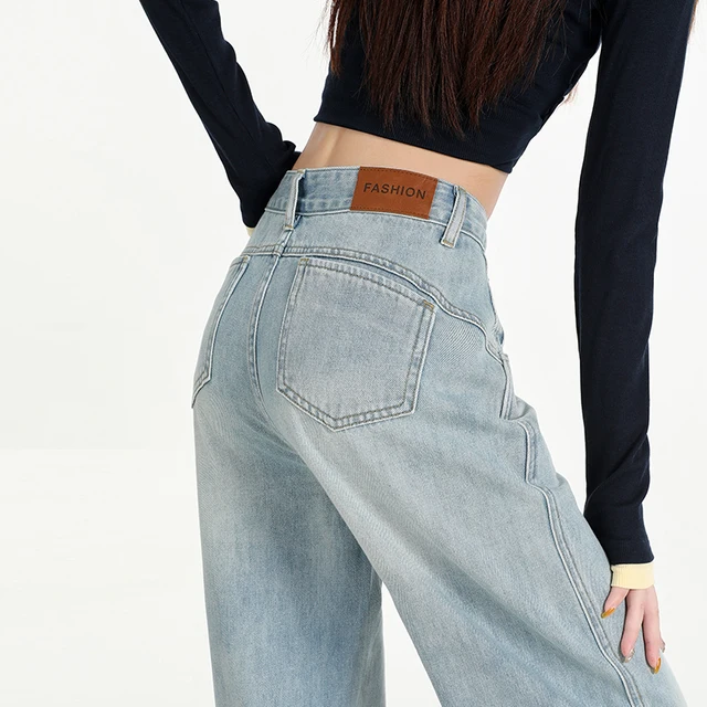 Woman Jeans High Waist Wide Leg Cotton Denim Clothing Design Sense Straight Pant Fashion Comfort White Retro Blue Casual Trouser 2