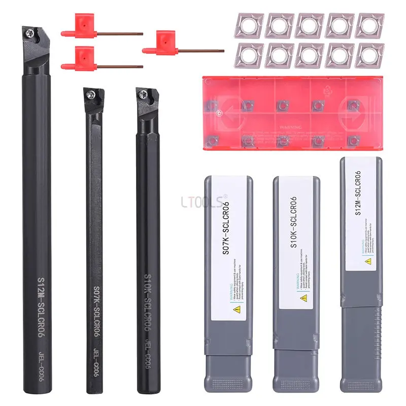 

Metal Lathe Turning Tool Kit 3 PCS S07K/ S10K/ S12M-SCLCR06 Boring Bars 10 PCS CCMT0602 Carbide Inserts 3 Plum Wrenches Boring