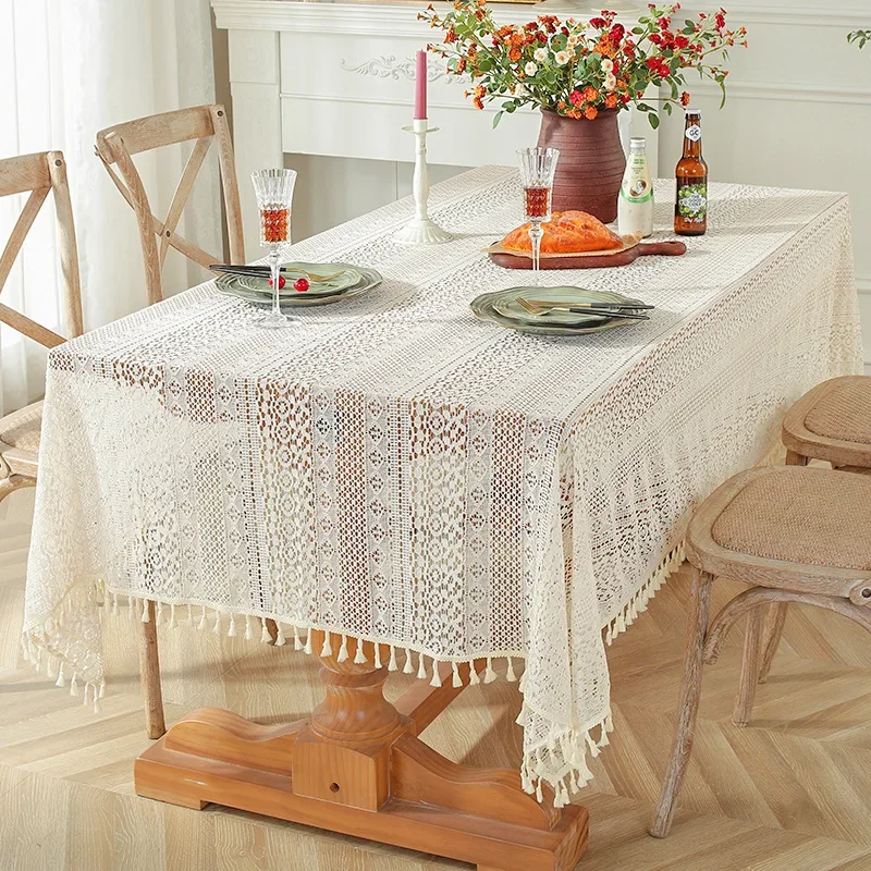 

Vintage Lace Tablecloth Hollowout Woven Embroidery Tablecloth Geometric Patterns Tassel Table Cover Banquet Table Cloth