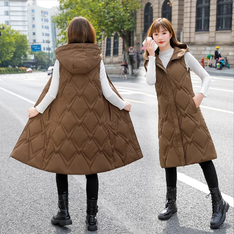 2022 Women's Long Winter Coat Vest Hooded Sleeveless Thick Warm Down Coat Pockets Quilted Vest Female Down Jacket Oversized Vest