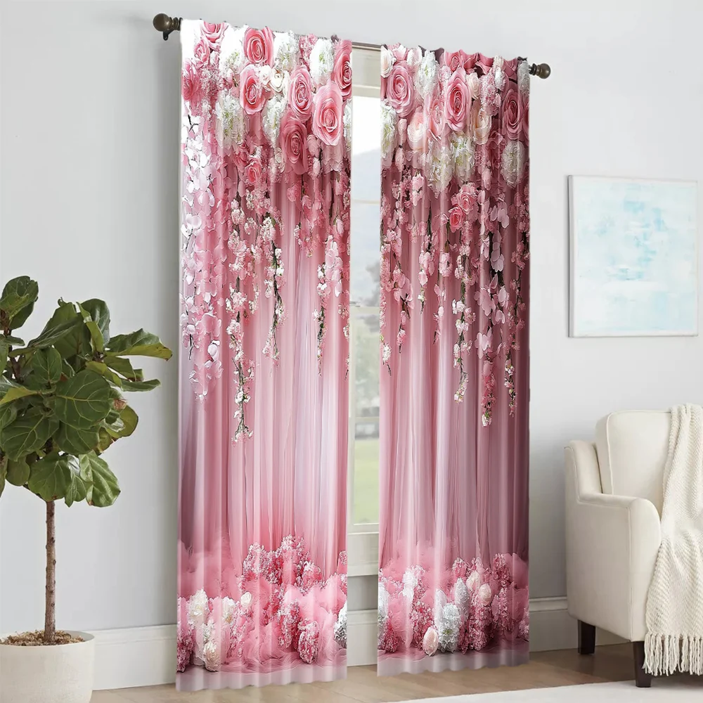 2 pcs, versatile polyester transparent curtains for home decoration Pink Floral for use in bedrooms and living rooms 2