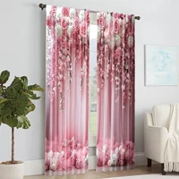 2 pcs, versatile polyester transparent curtains for home decoration Pink Floral for use in bedrooms and living rooms 2
