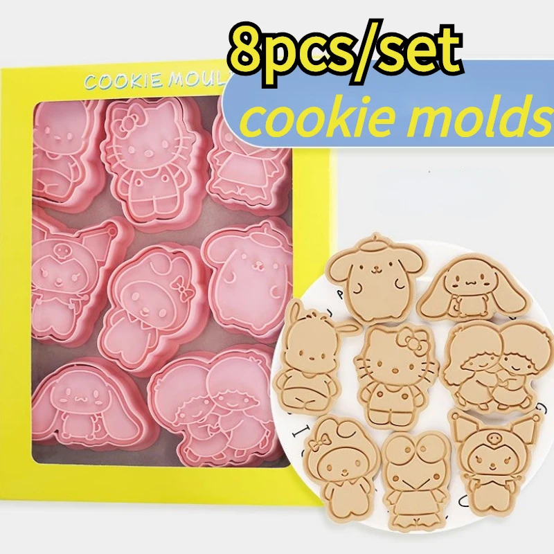 

2024 8pcs/set Sanrioed Cookie Molds Cute Cartoon Hellokittys Kuromis Cinnamorolls 3D Cutter Party Dessert Seal Baking Tool Gift