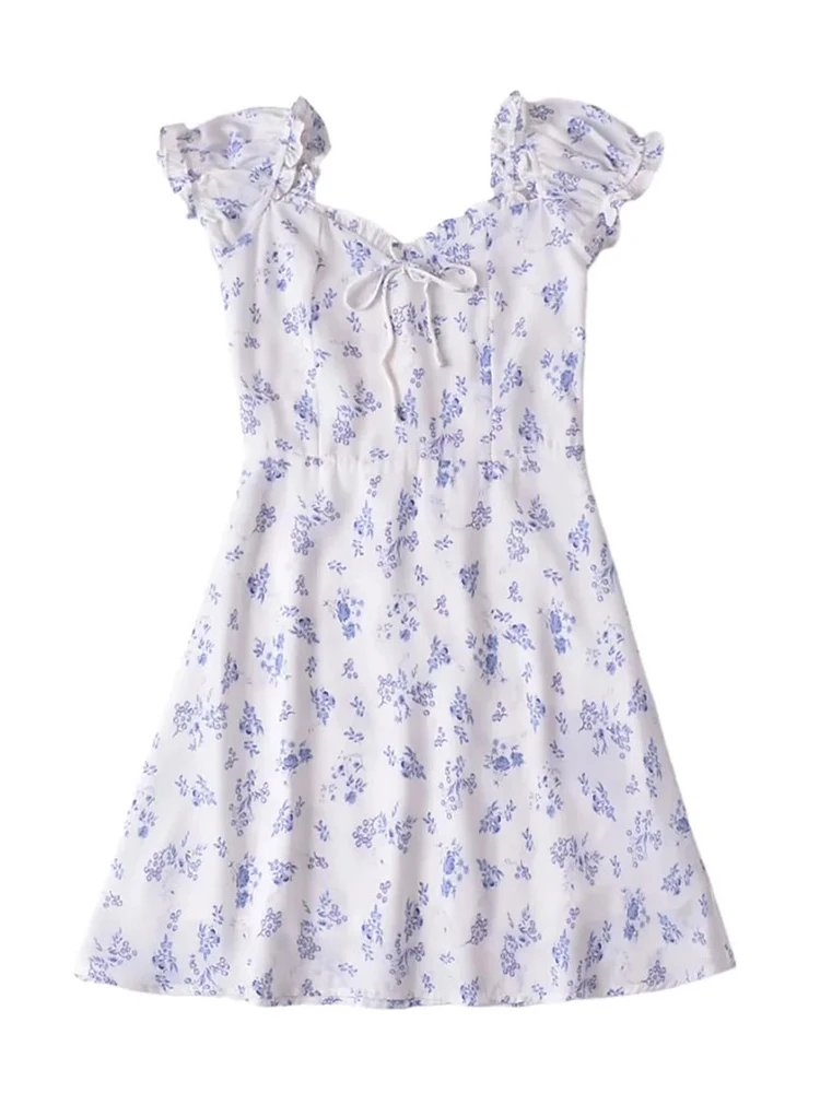 

Girls Cute Blue Floral Print Summer High Waist Elastic Back Mini Dress Womens Elegant Lace Heart Collar Short Fly Sleeve Dresses