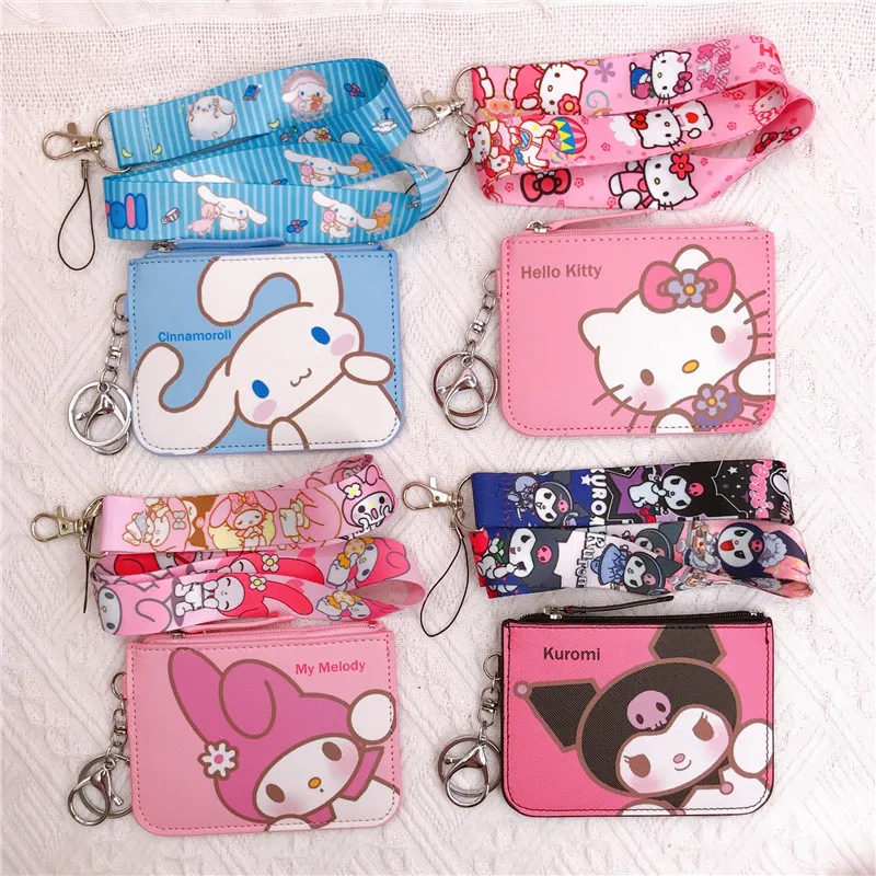 Kawaii Sanrio Kuromi Hello Kitty Cinnamorroll Melody Pachacco Pom Purin Leather Card Holder Lovely Coin Wallet Key Chain Pendant