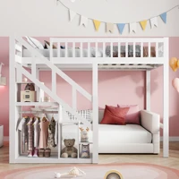 Lit superposé 140x200cm, lit enfant 90x200cm pour 2 enfants, lit cabane avec sommier à lattes et armoire de rangement, lit maison 5