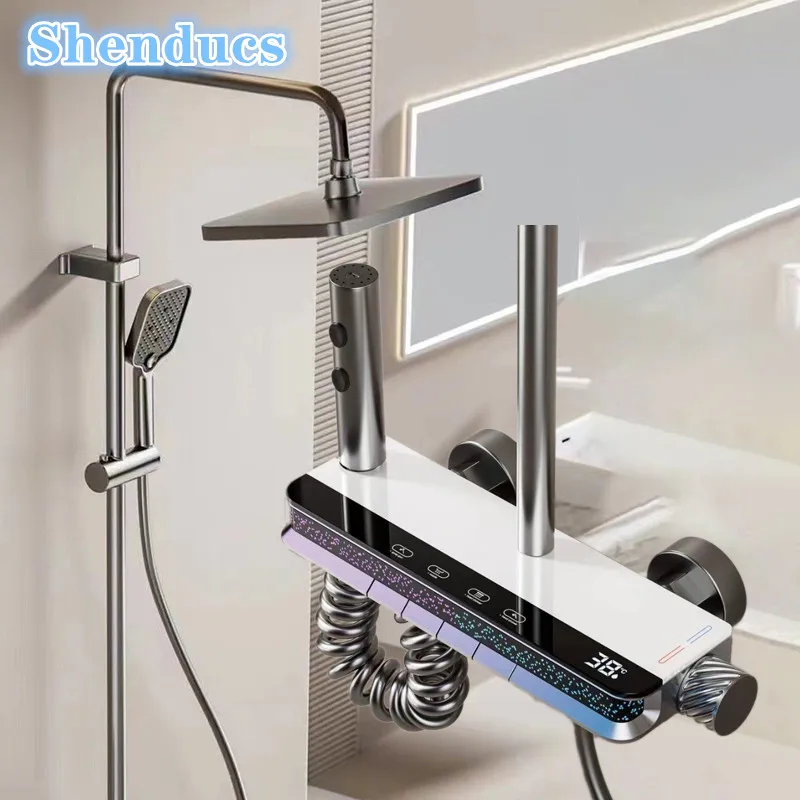 แสงโดยรอบร้อนเย็นเปียโนดิจิตอลห้องน้ําชุดฝักบัวน้ําตกห้องน้ําก๊อกน้ําระบบ 12 นิ้ว Rain Shower Head 1